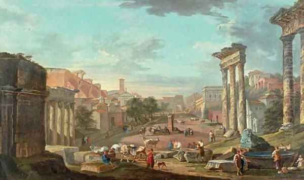 A capriccio of the Campo Vaccino with figures amongst ruins Oil Painting by Hubert Robert