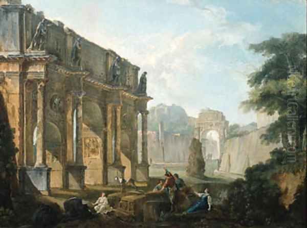 Capricci of Roman ruins with figures conversing and resting Oil Painting by Hubert Robert