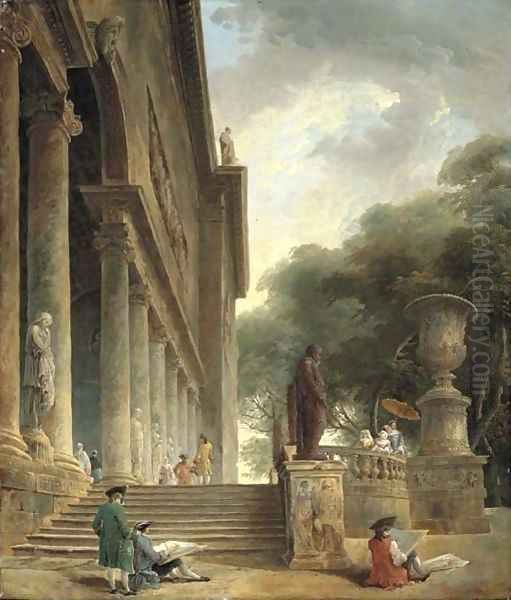 Colonnade et jardins du Palais Medici Gentlemen sketching in an Italianate garden Oil Painting by Hubert Robert