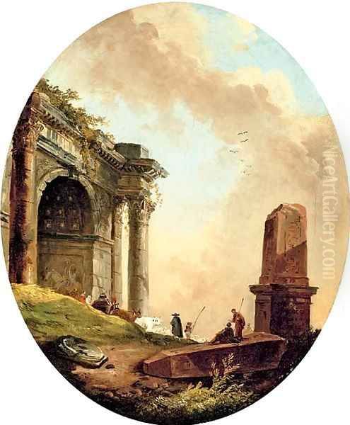 Drovers and their livestock before a ruined arch and obelisk Oil Painting by Hubert Robert