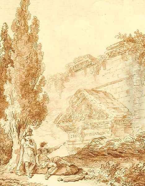 Two Roman soldiers resting by a ruined temple Oil Painting by Hubert Robert