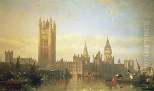 New Palace of Westminster from the River Thames Oil Painting by David Roberts