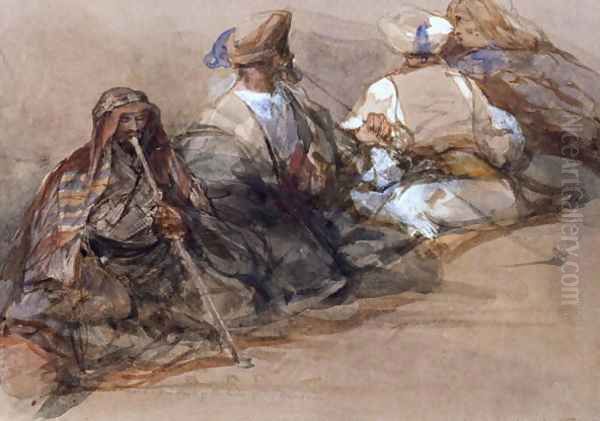 Group of Arab figures, two smoking a cubuk Oil Painting by David Roberts