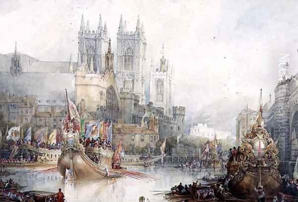 Lord Mayors Barge at Westminster, 1830 Oil Painting by David Roberts