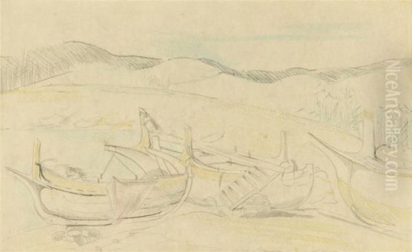 Boats Beached At Cagnes Oil Painting by Paul Nash