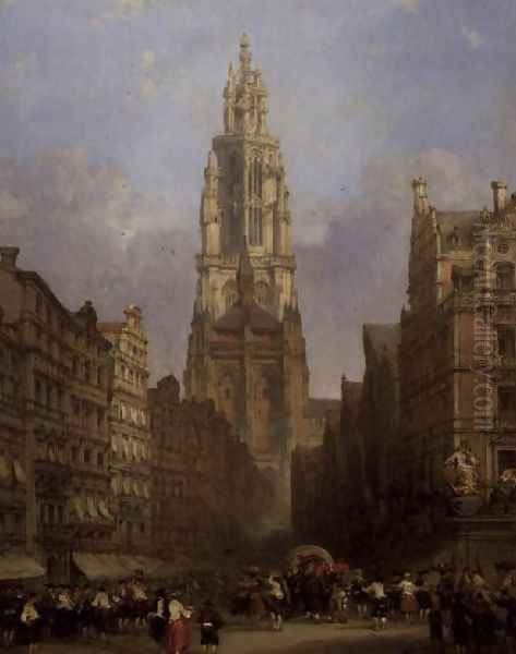 Antwerp Cathedral Oil Painting by David Roberts