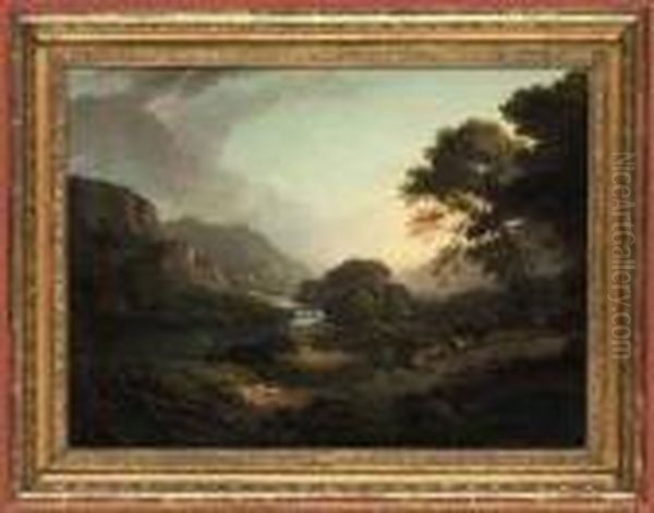 A Highland River Landscape With Figures On A Bridge Oil Painting by Alexander Nasmyth