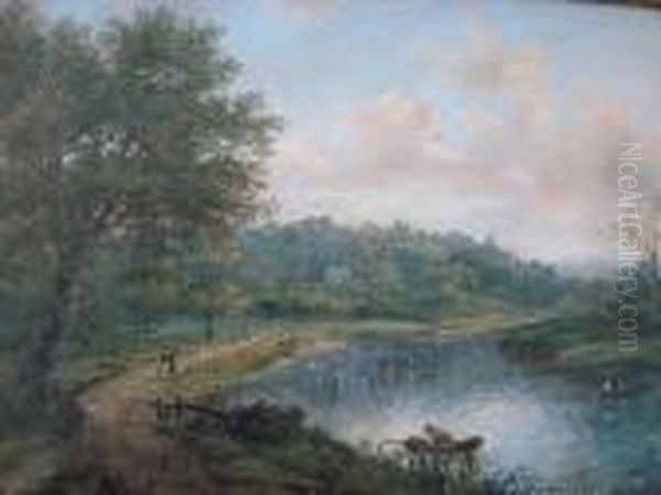 River Landscape With Anglers, Other Figuresand Boats Oil Painting by Alexander Nasmyth