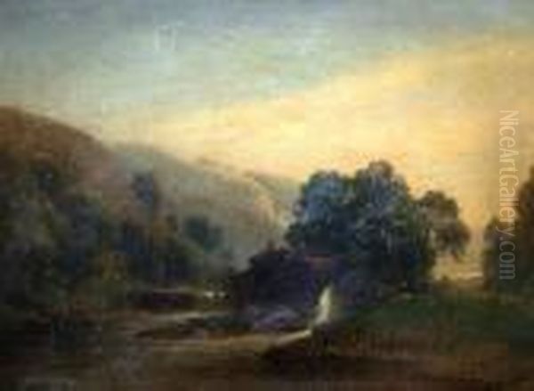 Mill In A River Landscape, With Fishermen On A Bridge Oil Painting by Alexander Nasmyth