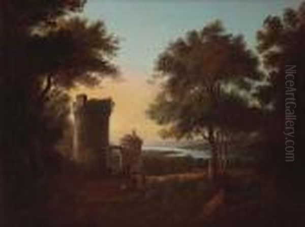 Castle In A River Landscape Oil Painting by Alexander Nasmyth