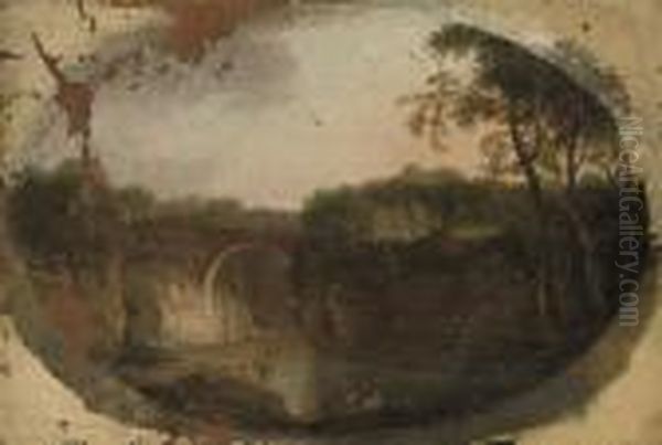 A Wooded River Landscape With A Bridge Beyond Oil Painting by Alexander Nasmyth