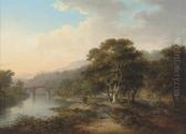 A View On The River Tweed, Near 
Melrose, With Figures Fishing Onthe Bank, A Bridge Beyond Oil Painting by Alexander Nasmyth