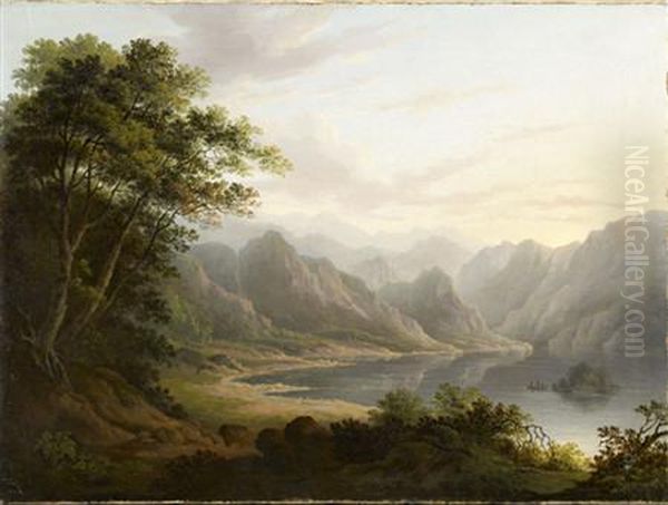 A Wooded River Landscape With Figures In A Boat Oil Painting by Alexander Nasmyth