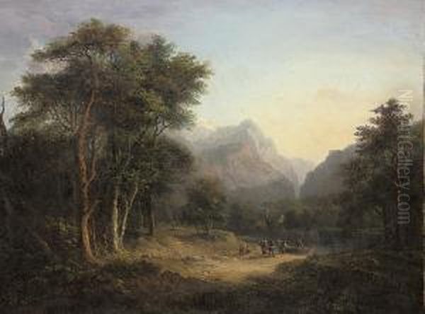 A Mountainous Wooded Landscape With Figures Crossing A River Oil Painting by Alexander Nasmyth