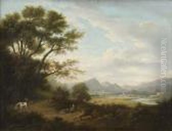 A Wooded Landscape With Resting Figures And Distant Town Oil Painting by Alexander Nasmyth