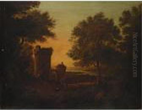 An Extensive Italianate River Landscape With Two Figures Before A Gateway Oil Painting by Alexander Nasmyth