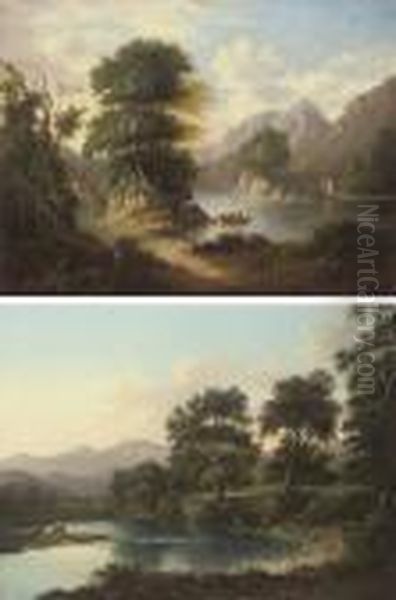 A Wooded River Landscape With 
Anglers On The Bank, Mountains Beyond; And An Extensive Wooded River 
Landscape With Figures In A Boat By A Bridge, A Cottage Beyond Oil Painting by Alexander Nasmyth