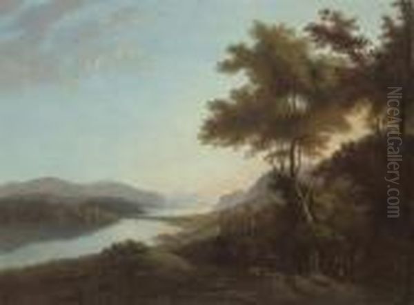 A Mountainous Wooded River Landscape With A Figure On A Track And A Castle Beyond Oil Painting by Alexander Nasmyth