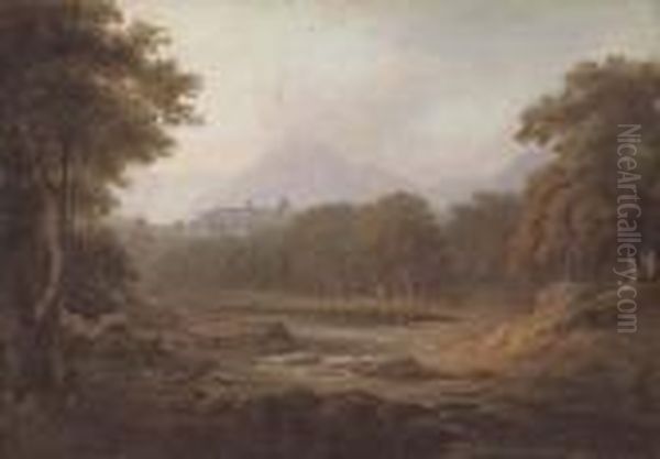 A Wooded River Landscape With A Ruined Abbey Beyond Oil Painting by Alexander Nasmyth