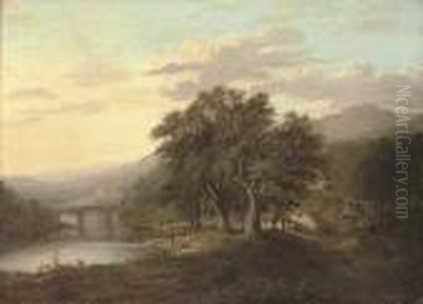 A Wooded River Landscape, With Figures Fishing By A Bridge, Cottages Beyond Oil Painting by Alexander Nasmyth