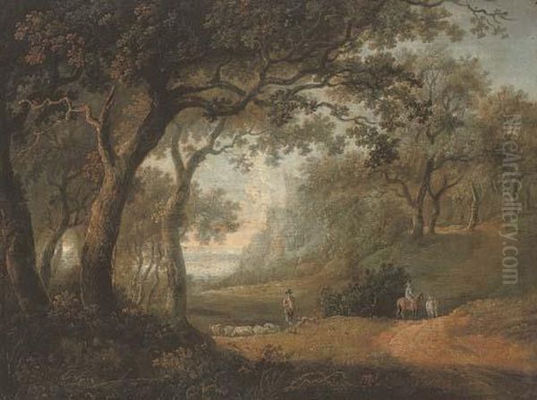 A Wooded Landscape With A Shepherd And His Flock, And A Figure Riding On A Track Oil Painting by Alexander Nasmyth