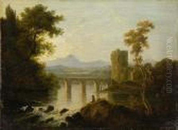 Extensive Wooded River Landscape With Viaduct And Figures Oil Painting by Alexander Nasmyth