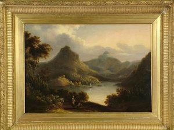 A Broad Lakeland Panorama With 
Figures In The Foreground, A Boat And Castle In The Middle Distance, And
 Mountains Rising In The Distance. Oil Painting by Alexander Nasmyth