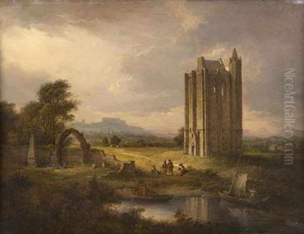 Cambuskenneth Tower With Stirling Castle In The Distance Oil Painting by Alexander Nasmyth