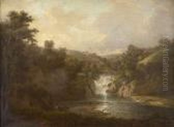 A Wooded River Landscape With Figures By A Waterfall Oil Painting by Alexander Nasmyth