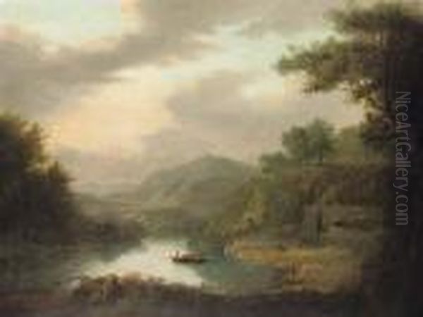 A Wooded River Landscape 
Traditionally Identified As The Pass Of Achray, With Figures On A Ferry 
In The Foreground Oil Painting by Alexander Nasmyth