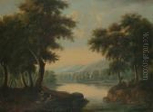 Figures Resting In A Wooded River Landscape. Oil Painting by Alexander Nasmyth