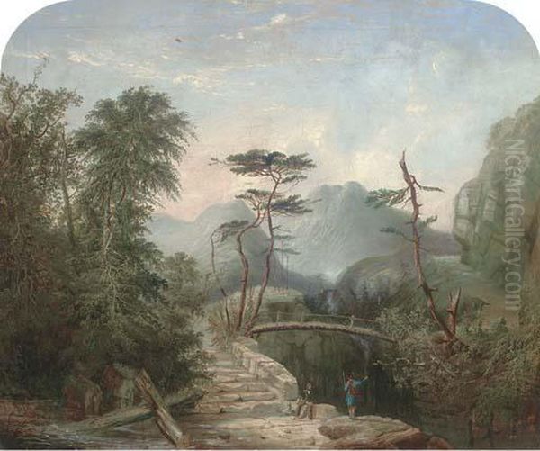 Travellers In A Highland Landscape Before A Bridge Oil Painting by Alexander Nasmyth