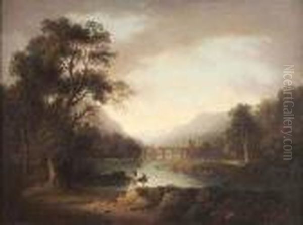 Figure On A Highland Loch, Viaduct In The Distance Oil Painting by Alexander Nasmyth