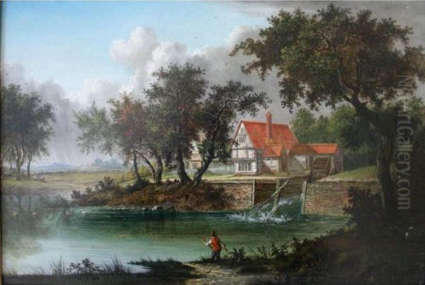 A Fisherman By A Mill Pool Oil Painting by Patrick, Peter Nasmyth