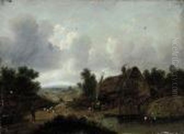 Figures Beside A Cottage, A Pool
 In The Foreground And A Shepherddriving His Flock Along A Country Road Oil Painting by Patrick, Peter Nasmyth