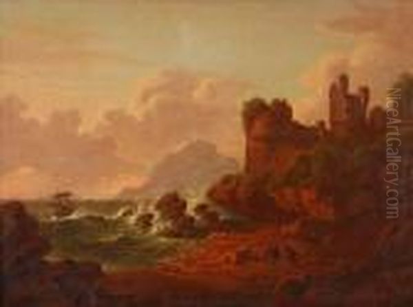 Figures In A Rockycove Before A Ruined Castle Oil Painting by Patrick, Peter Nasmyth