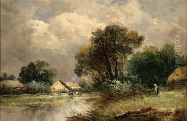 Rural Landscape With Cottage And Cows Watering Oil Painting by Patrick, Peter Nasmyth