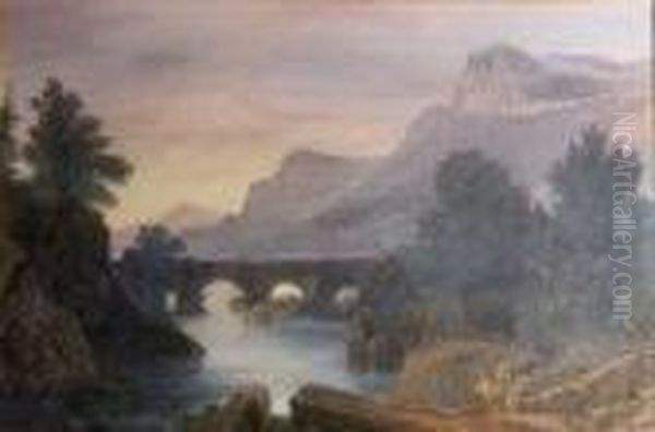 An Angler In A Mountainous River Landscape Oil Painting by Patrick, Peter Nasmyth