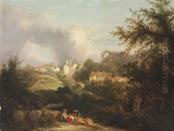 View Of A Hilltop Villiage, With Children In The Foreground Oil Painting by Patrick, Peter Nasmyth