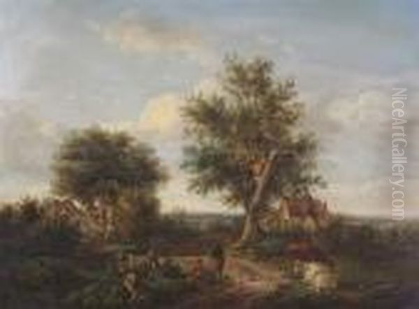 Cattle And Rustics On A Track By Some Cottages Oil Painting by Patrick, Peter Nasmyth