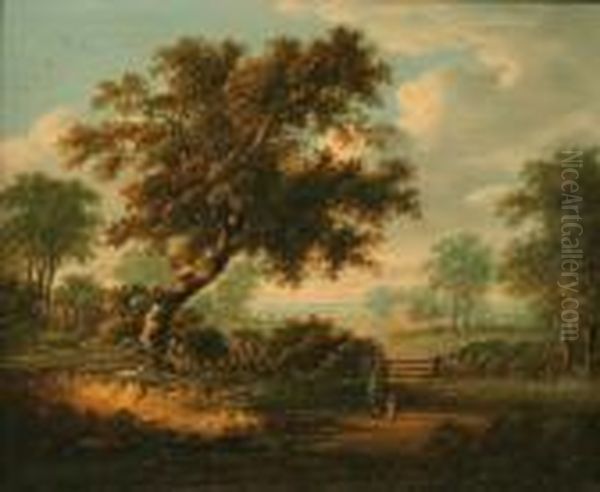 Landscape With Gentleman And Child Looking Through A Gate Towards A Farmstead Oil Painting by Patrick, Peter Nasmyth