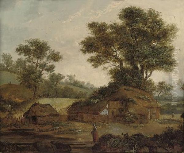 A Wooded River Landscape With A Figure Resting By The Bank, Cottages Beyond Oil Painting by Patrick, Peter Nasmyth