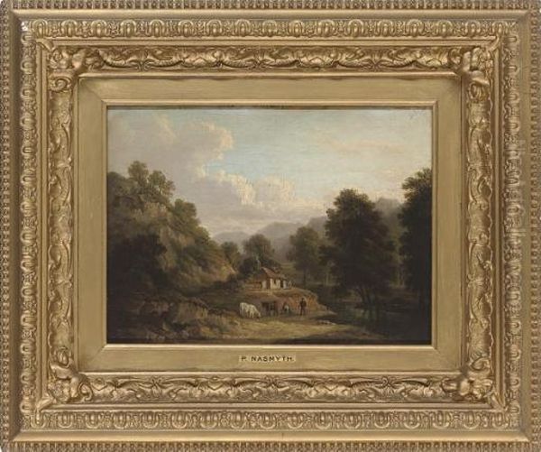 Figures Before A Riverside Cottage Oil Painting by Patrick, Peter Nasmyth