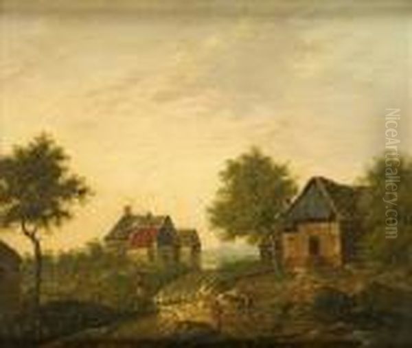 Theold Farmstead, Figures On A Cart Track In Evening Sunlight Oil Painting by Patrick, Peter Nasmyth