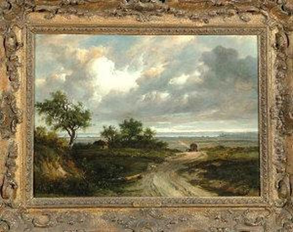 A Panoramic Landscape View With 
Sheep At A Roadside Near A Shepherd's Hut, A Horsedrawn Wagon In The 
Middle-distance And An Estuary Beyond Oil Painting by Patrick, Peter Nasmyth