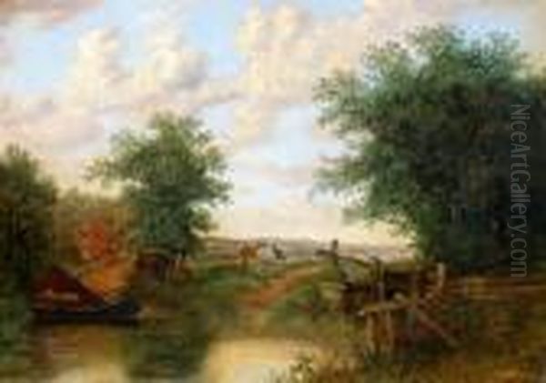 Canal Lock With Figure, Two Horses And A Boat, Signed Oil On Canvas Dated 1825, 25x35cm Oil Painting by Patrick, Peter Nasmyth