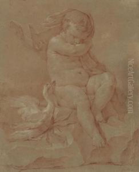 A Seated Putto With A Swan Oil Painting by Charles Joseph Natoire