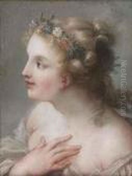 A Young Girl, Bust-length, With A Garland Of Flowers In Herhair Oil Painting by Charles Joseph Natoire