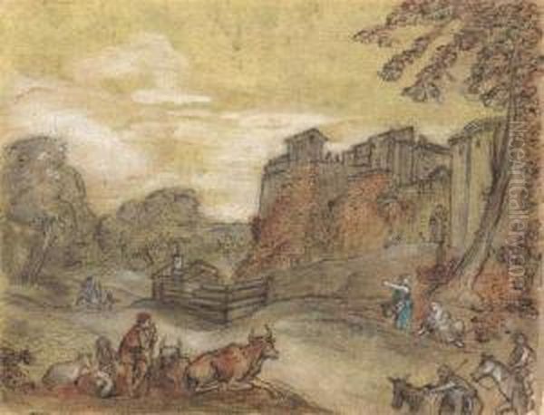 Landscape With Resting Sheperds And Travellers At The Walls Of A City. Oil Painting by Charles Joseph Natoire