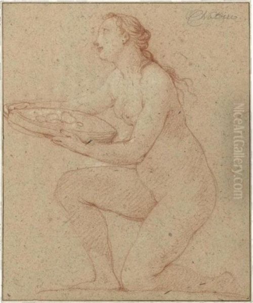 Study Of A Nude Girl Kneeling In Profile To The Left, Offering A Platter Of Fruit Oil Painting by Charles Joseph Natoire